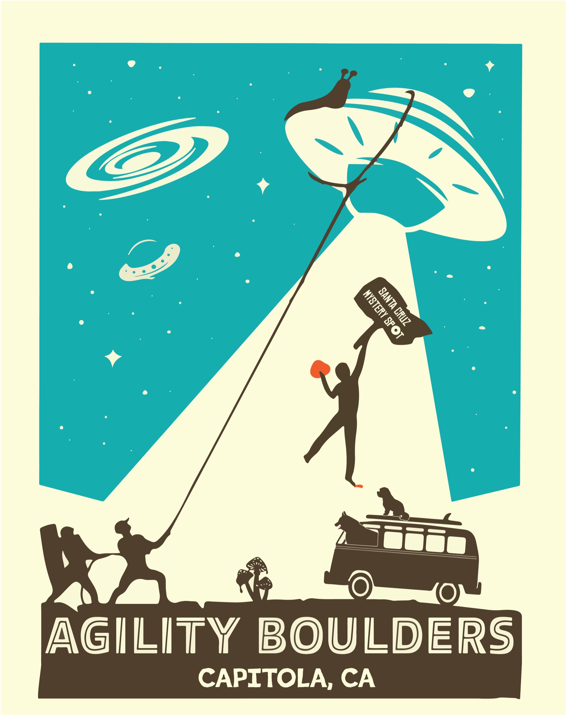 Agility Boulders gig poster: a UFO beaming climbers up a mountain.