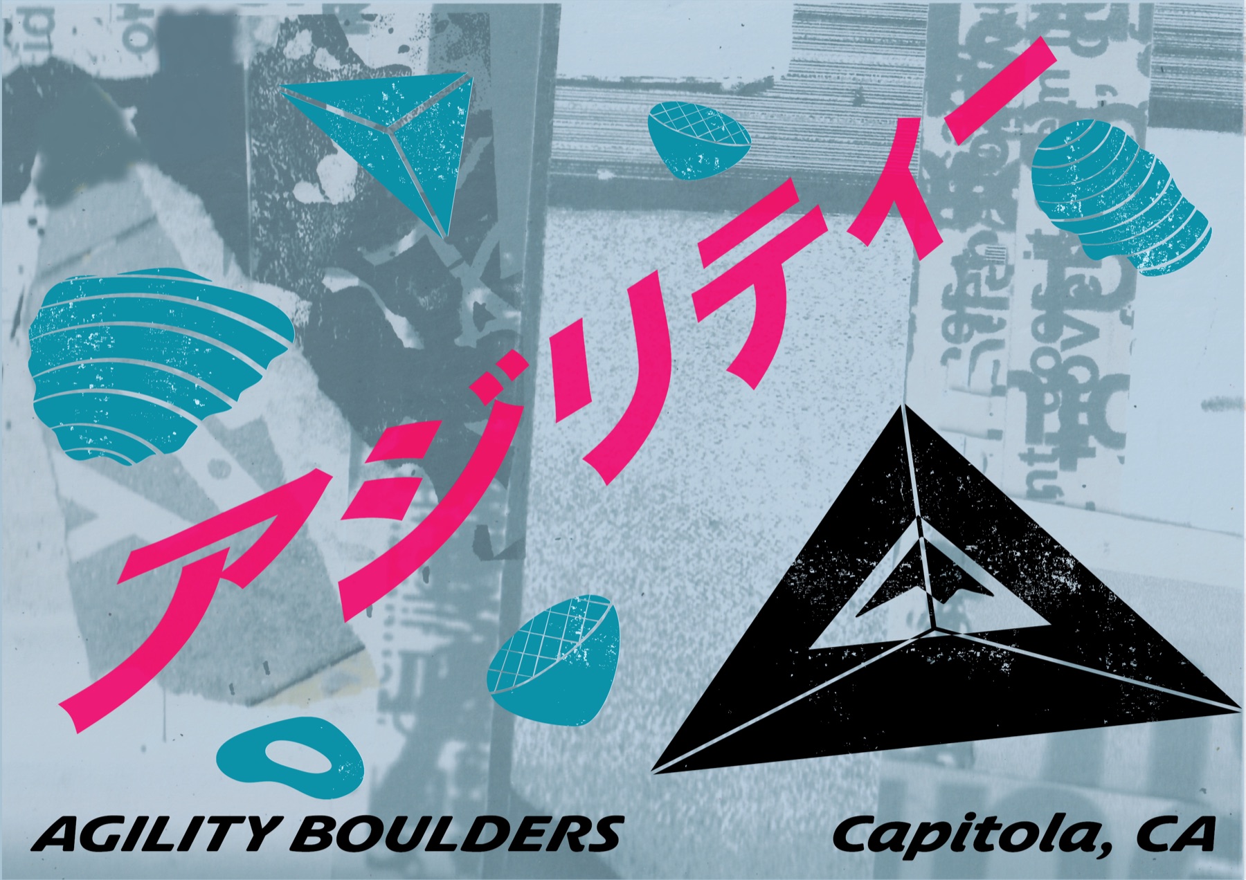 Flat graphic detail: katakana type reading 'Agility' over a halftone photo collage, paired with a triangular mountain mark.