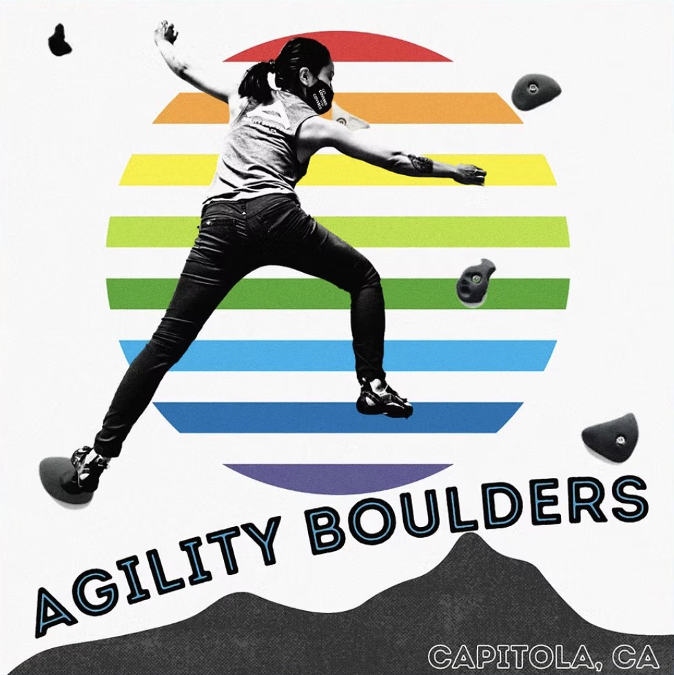 A cut-out photo of a climber mid-move across a rainbow-striped arc, with a black mountain silhouette below and Agility Boulders, Capitola, CA set in an arc.