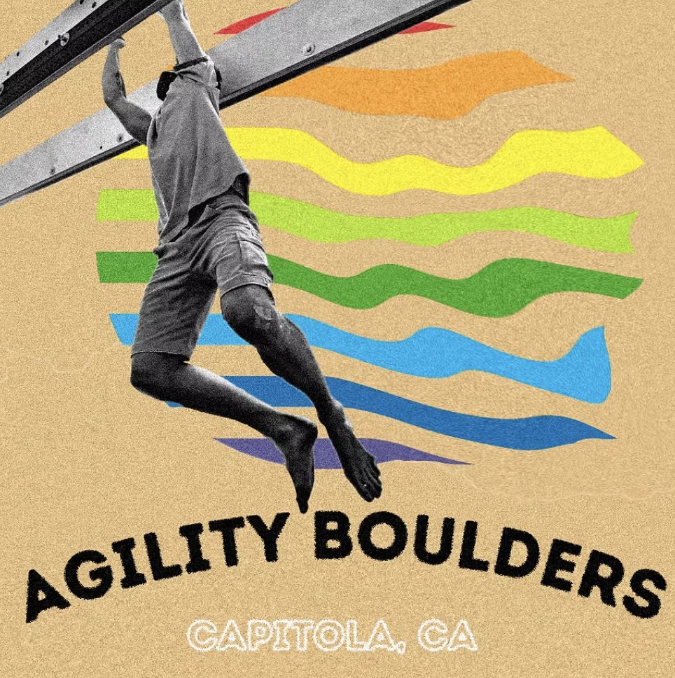 The same construction on kraft paper: a climber hanging from a bar over wavy bands of orange, yellow, green and blue.