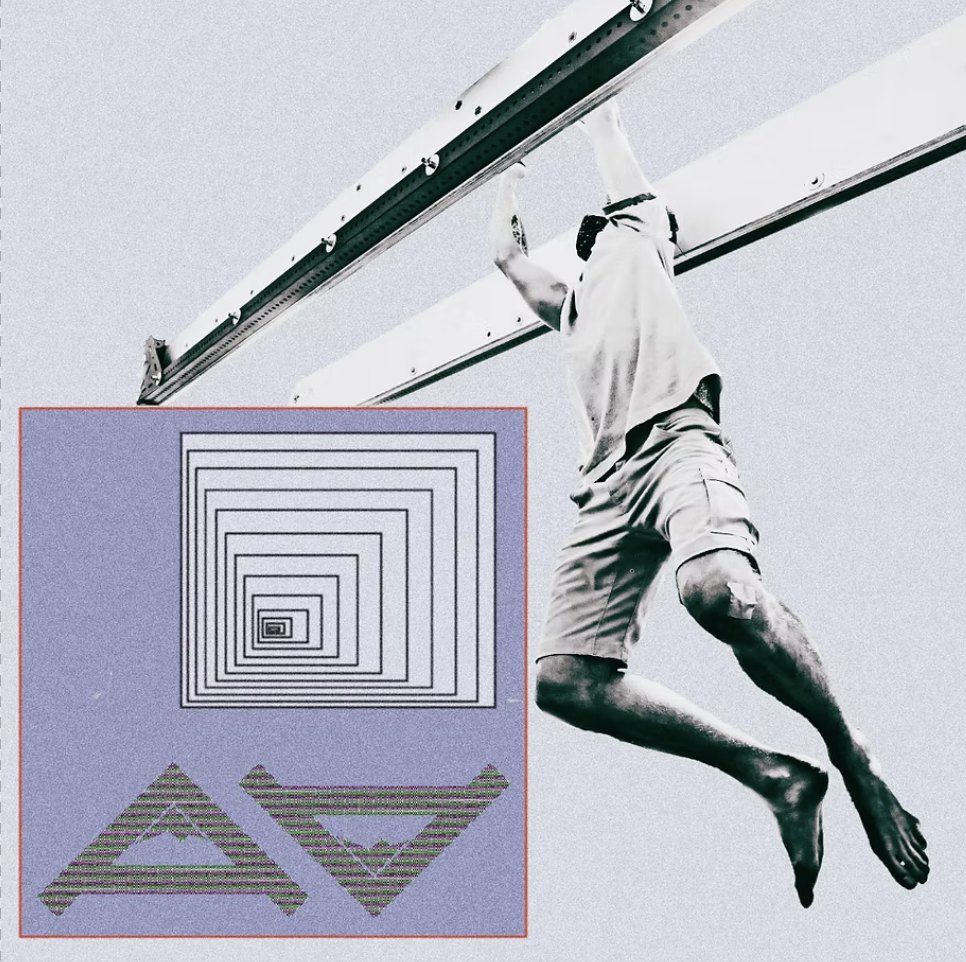 A lavender layout with a climber hanging from a bar beside a set of concentric squares and two overlapping triangle marks.