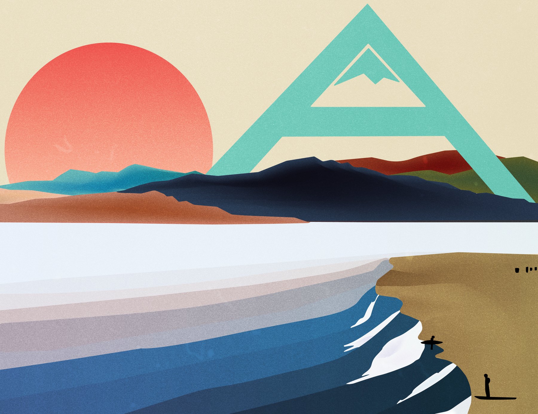 A Pleasure Point version of the same illustration: a red sun over the headland with a surfer on the cliff path and the teal triangle mark above.