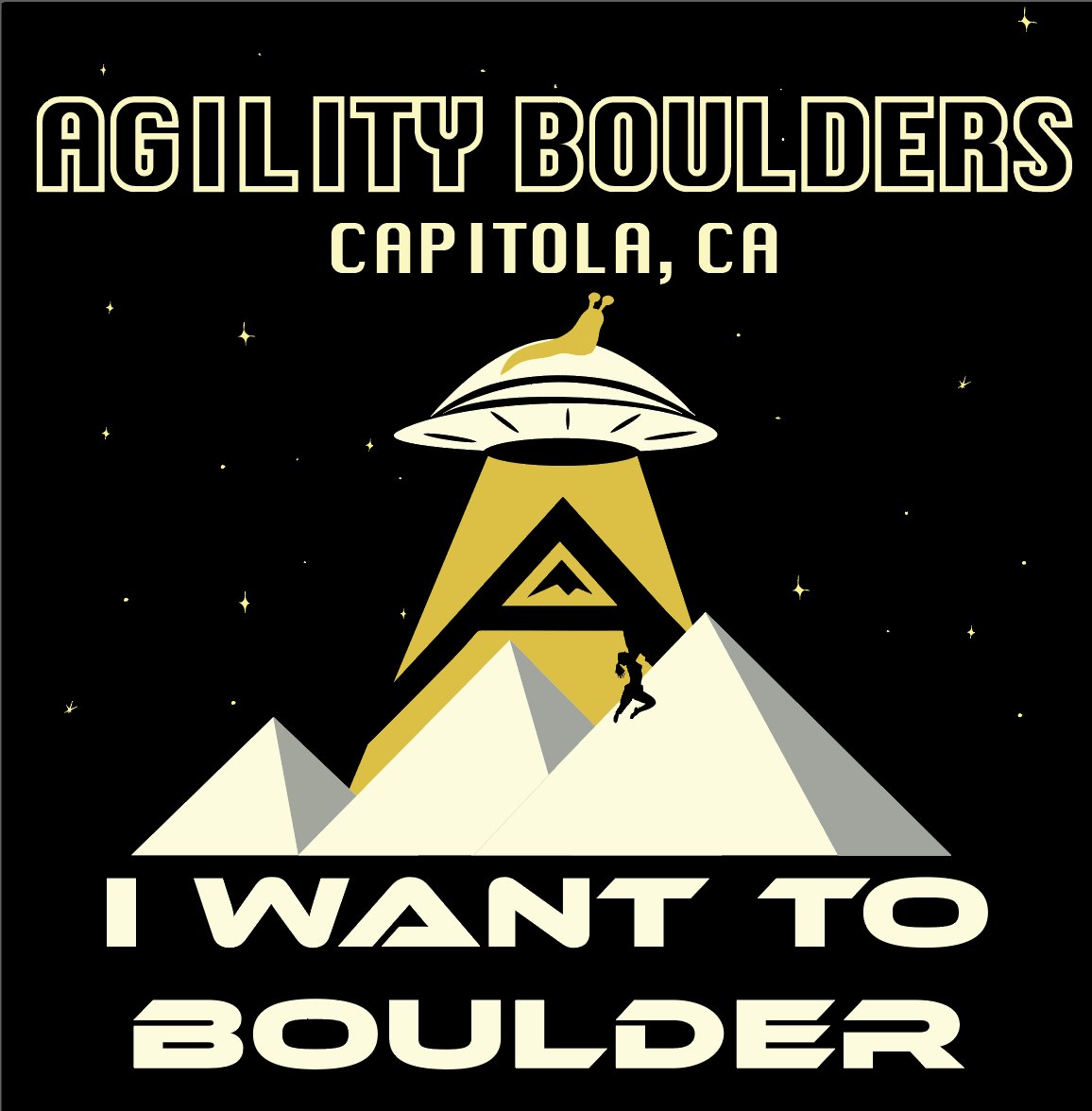 The 'I Want to Boulder' flat artwork: a UFO beaming a triangle of light down over cream pyramids on a black starfield, a climber scaling one of them and an alien perched on the saucer.