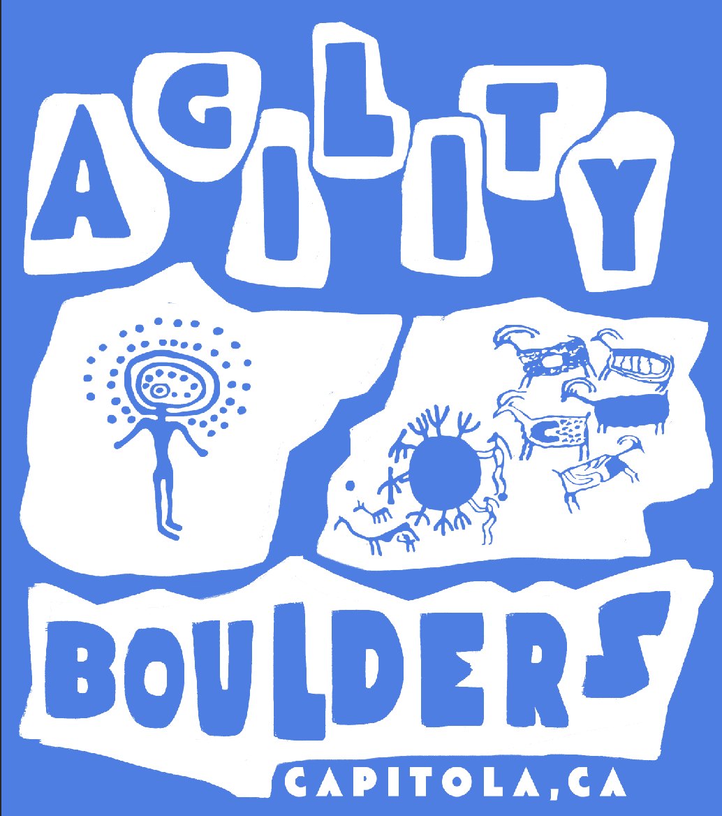 The petroglyph design on cornflower blue: cut-paper letters spelling Agility Boulders around two white panels of blue rock-art figures and animals.