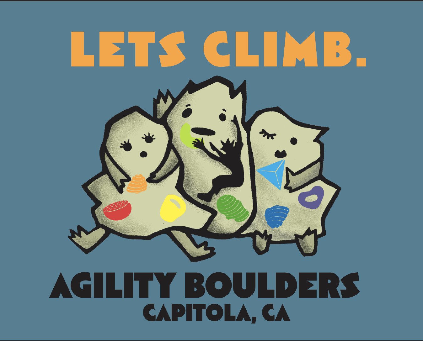 A 'Lets Climb.' graphic on slate blue: three boulders drawn as cartoon characters with arms, legs and faces, climbing holds standing in for their features.