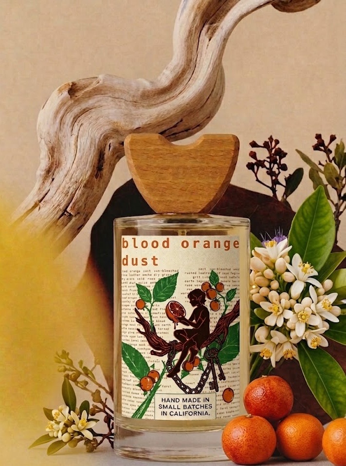 Blood Orange Dust fragrance bottle styled with citrus, driftwood, and orange blossom.