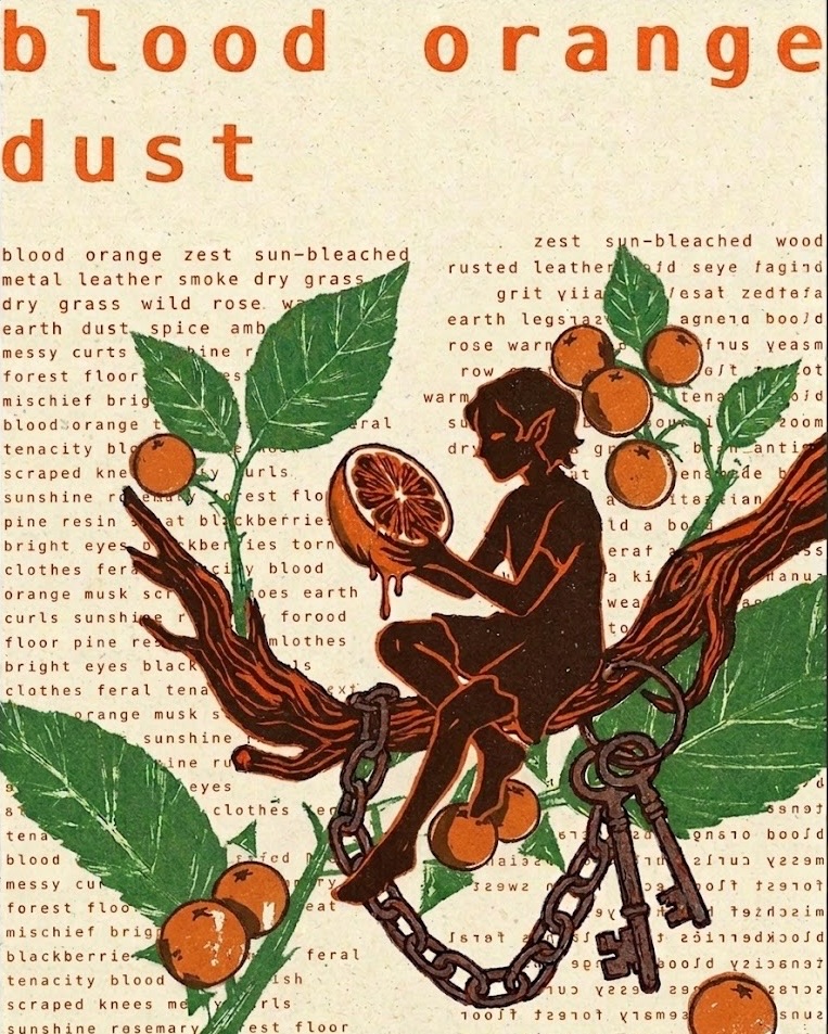 Flat label art for Blood Orange Dust: a chained figure holding a halved blood orange over dense scent-note typography.