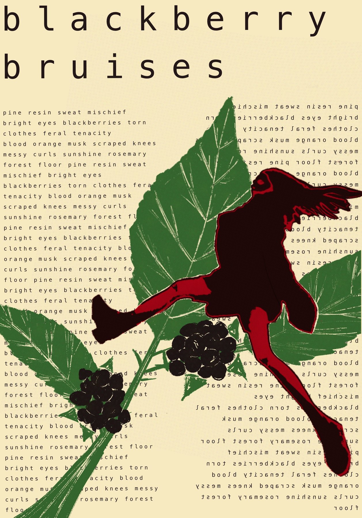Flat label art for Blackberry Bruises: dense scent-note typography behind a running linocut figure and blackberry brambles.