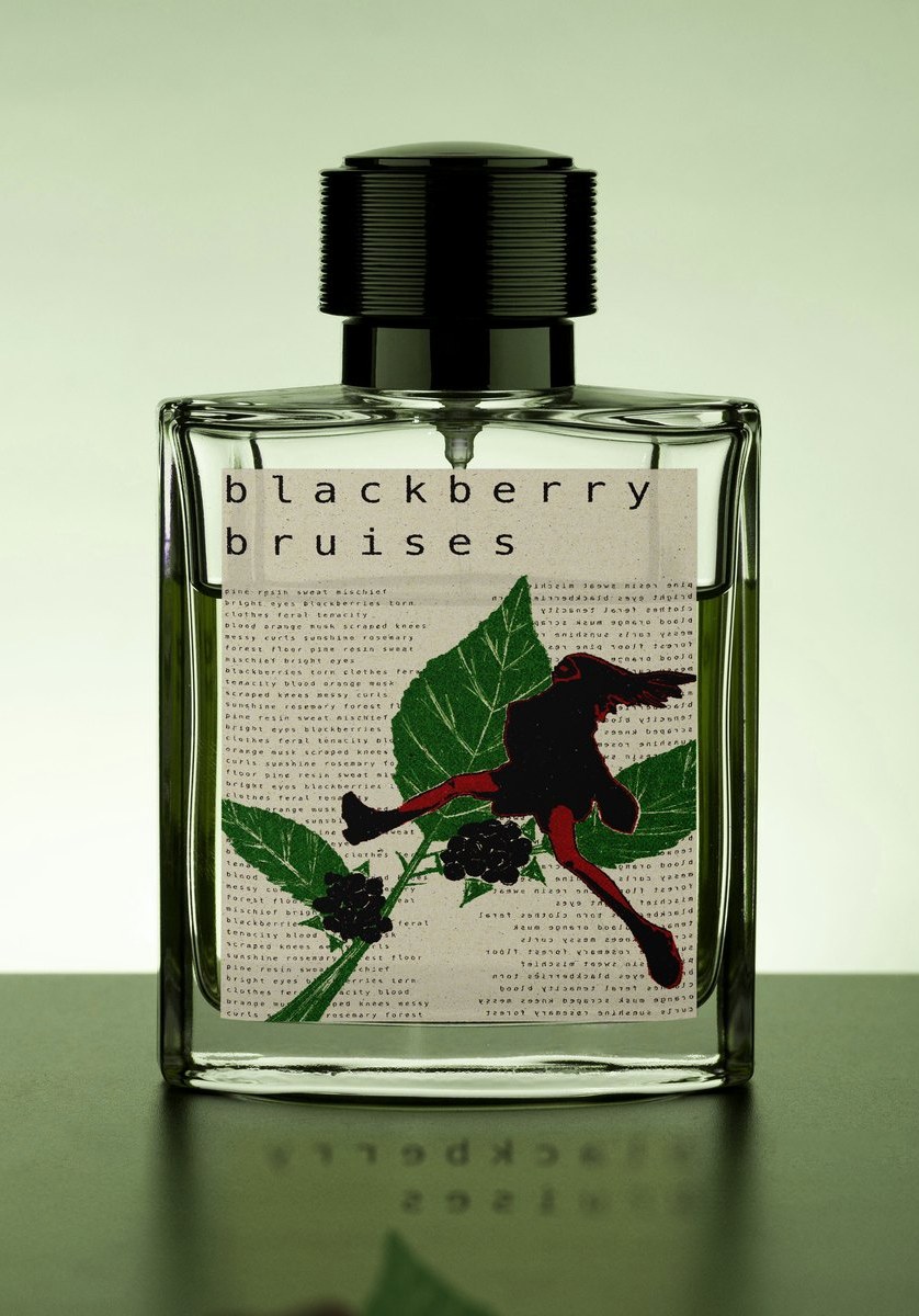 The Blackberry Bruises bottle against a green gradient, its linocut label and scent-note typography facing the camera.