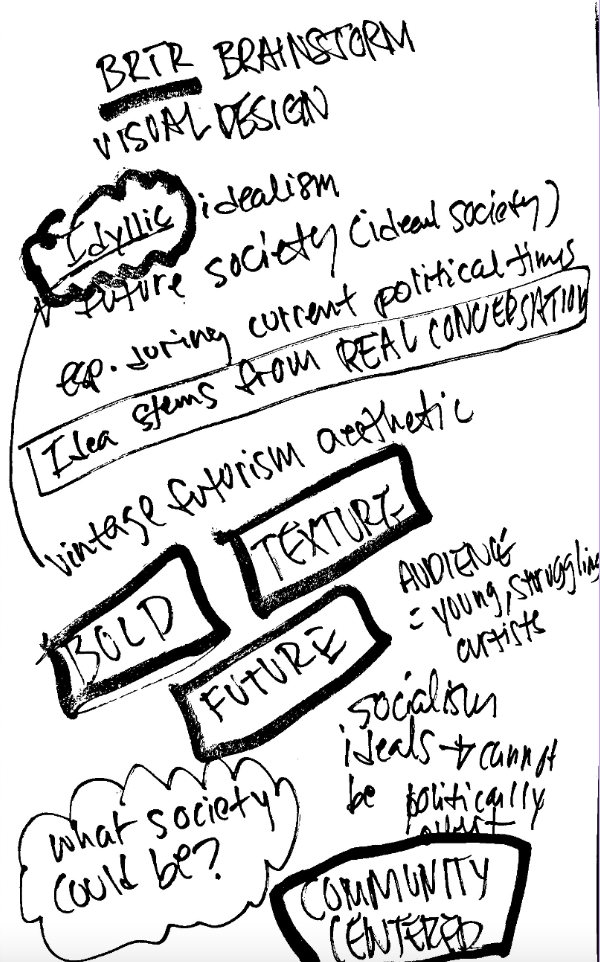A handwritten brainstorm page working out the brand direction, with words like idealism, vintage, textural, bold, future and community centered circled and connected.