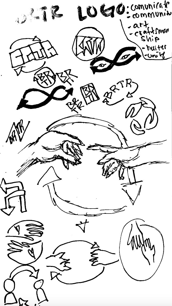 A page of hand-drawn BRTR logo explorations built around linked and looping forms, annotated with the words community, connection, art, exchange and trade.