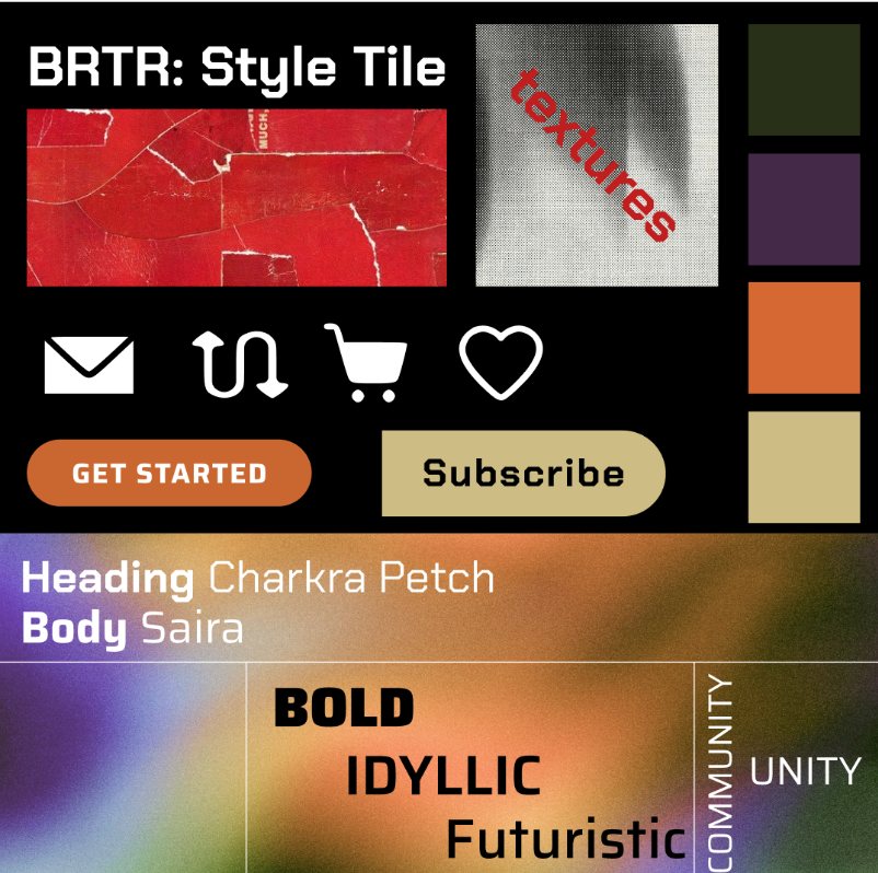 The BRTR style tile: a red torn-paper texture, a grid of palette swatches in olive, plum, orange and sand, the trade and cart icons, primary buttons, and the heading and body typefaces.