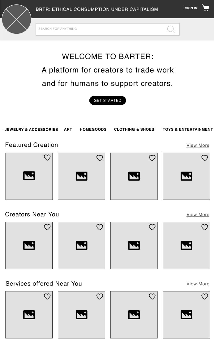 The BRTR home screen: 'Welcome to Barter, a platform for creators to trade work and for humans to support creators', above rows for featured creations, creators near you, and services offered near you.