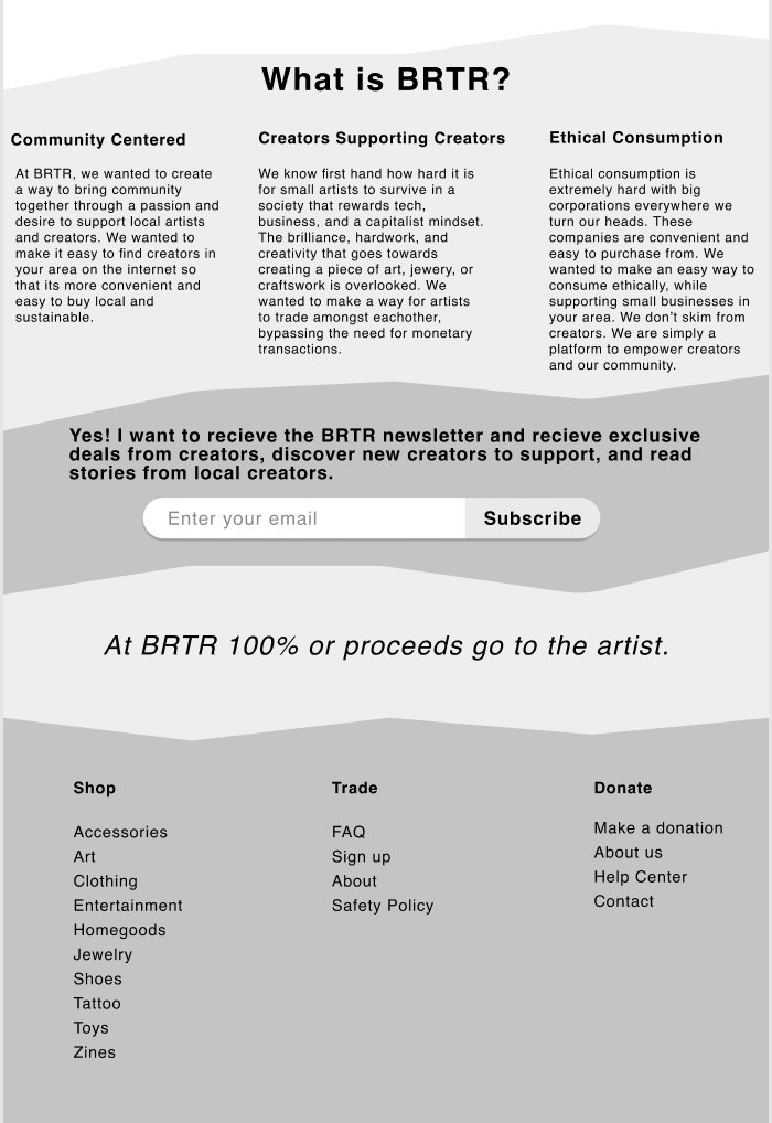 The 'What is BRTR?' page, with columns on community, supporting creators and ethical consumption, and a line reading 'At BRTR 100% of proceeds go to the artist'.
