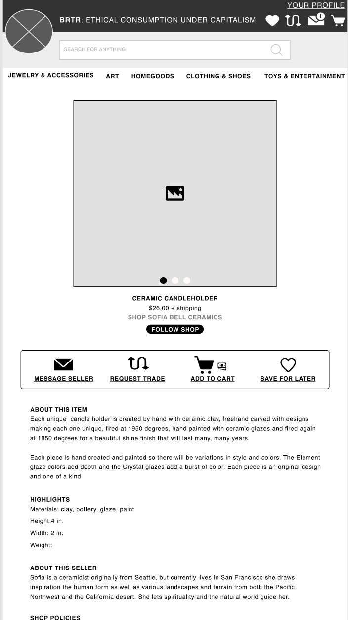 A BRTR product page for a ceramic candle holder, with message seller, request trade, add to cart and save for later actions, plus the seller's story and shop policies.