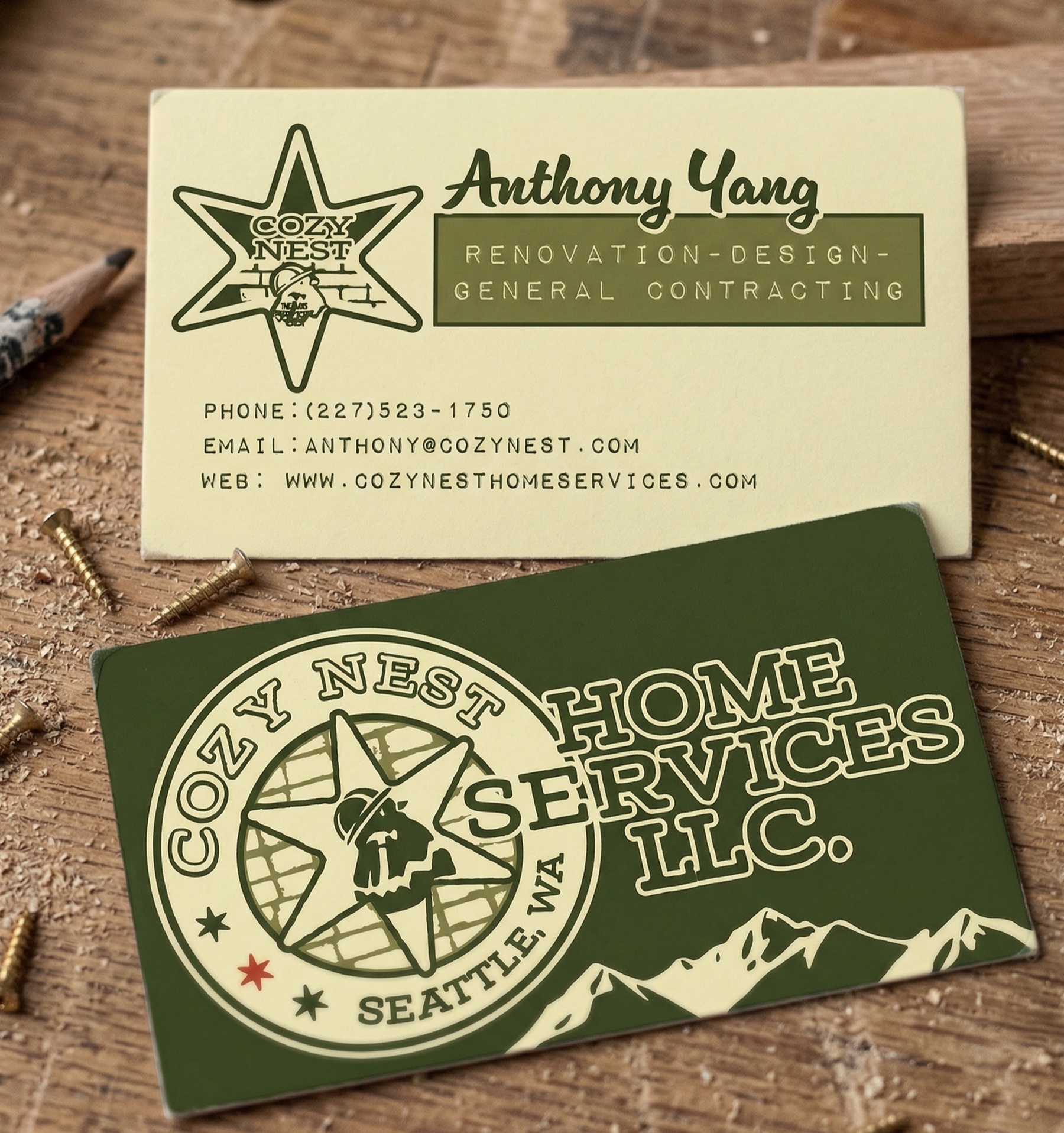 Cozy Nest business card, front and back, in cream and forest green with a star-and-chick logo.