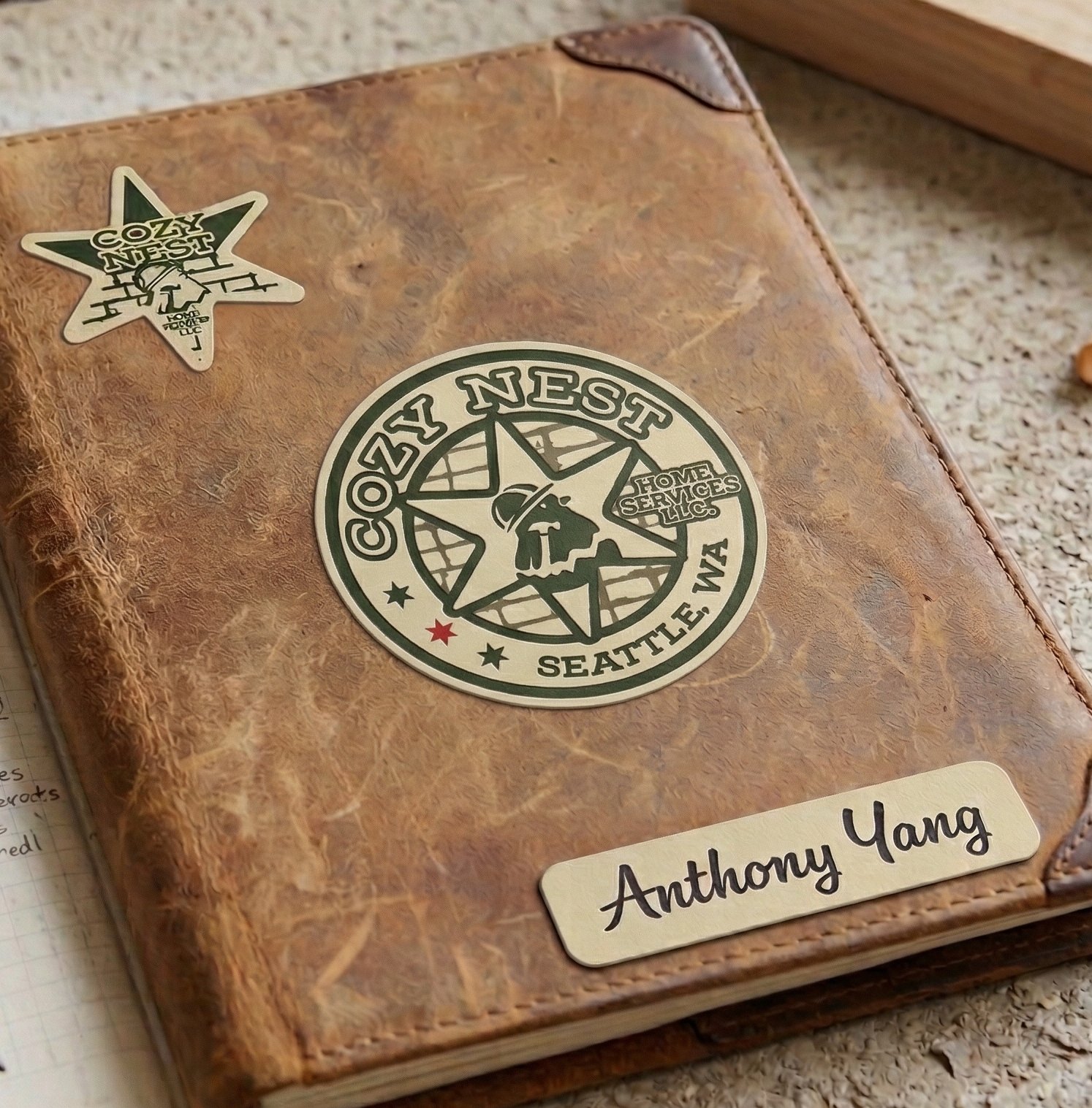 A worn leather notebook with the round Cozy Nest badge stamped on the cover, a die-cut star sticker at the top corner, and a cream nameplate reading Anthony Yang.