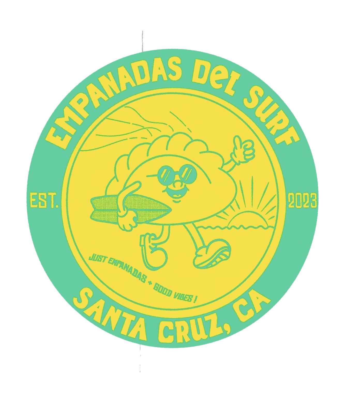 A yellow and green circular logo showing a smiling empanada character surfing.