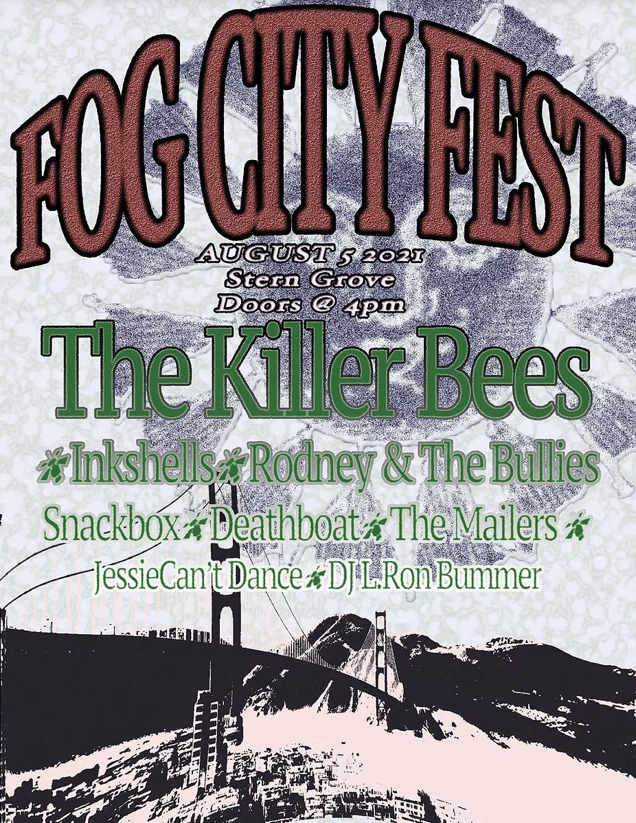 A Fog City Fest poster over a halftone photograph of the Golden Gate Bridge in fog.