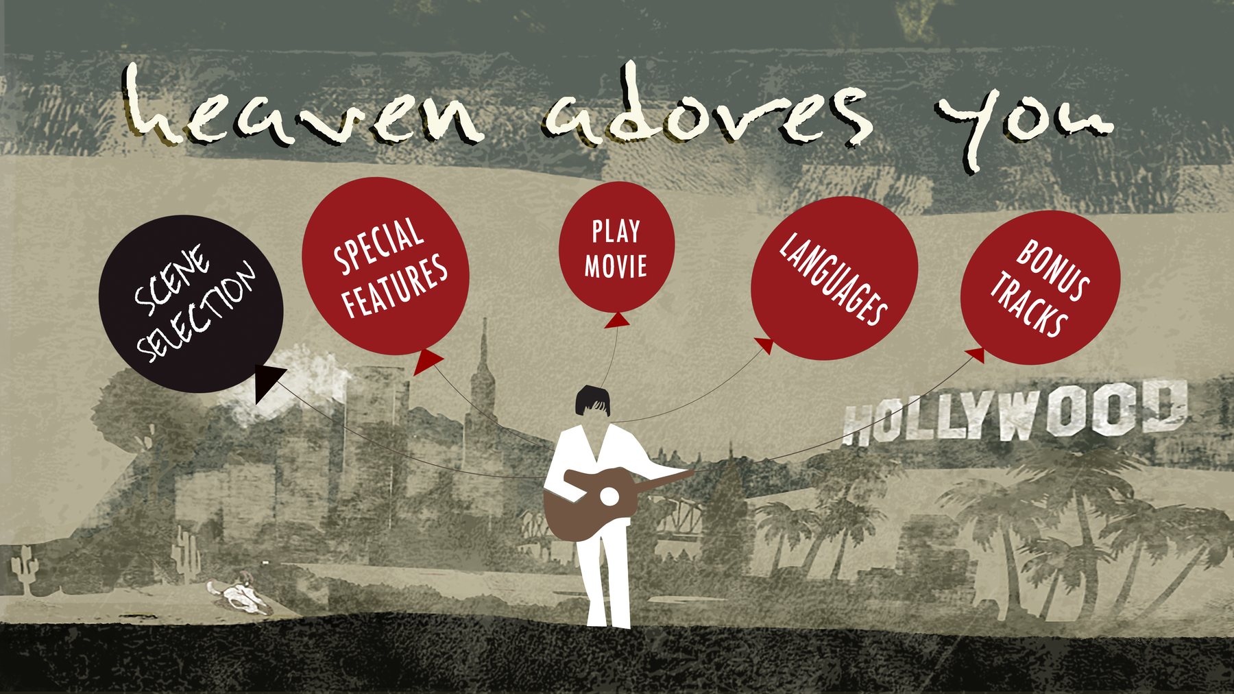 A DVD main menu reading 'heaven adores you' in hand lettering over a sepia landscape.