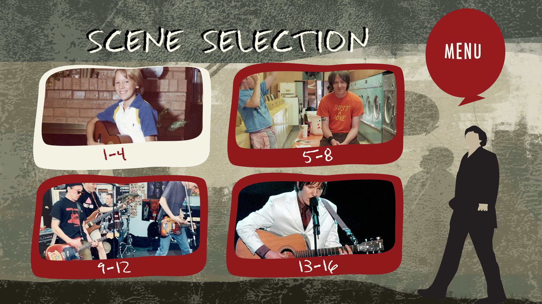 A scene selection screen with SCENE SELECTION hand-lettered at the top, a two-by-two grid of film stills labelled 1-4, 5-8, 9-12 and 13-16, a red MENU button, and a cut-paper figure at the right.
