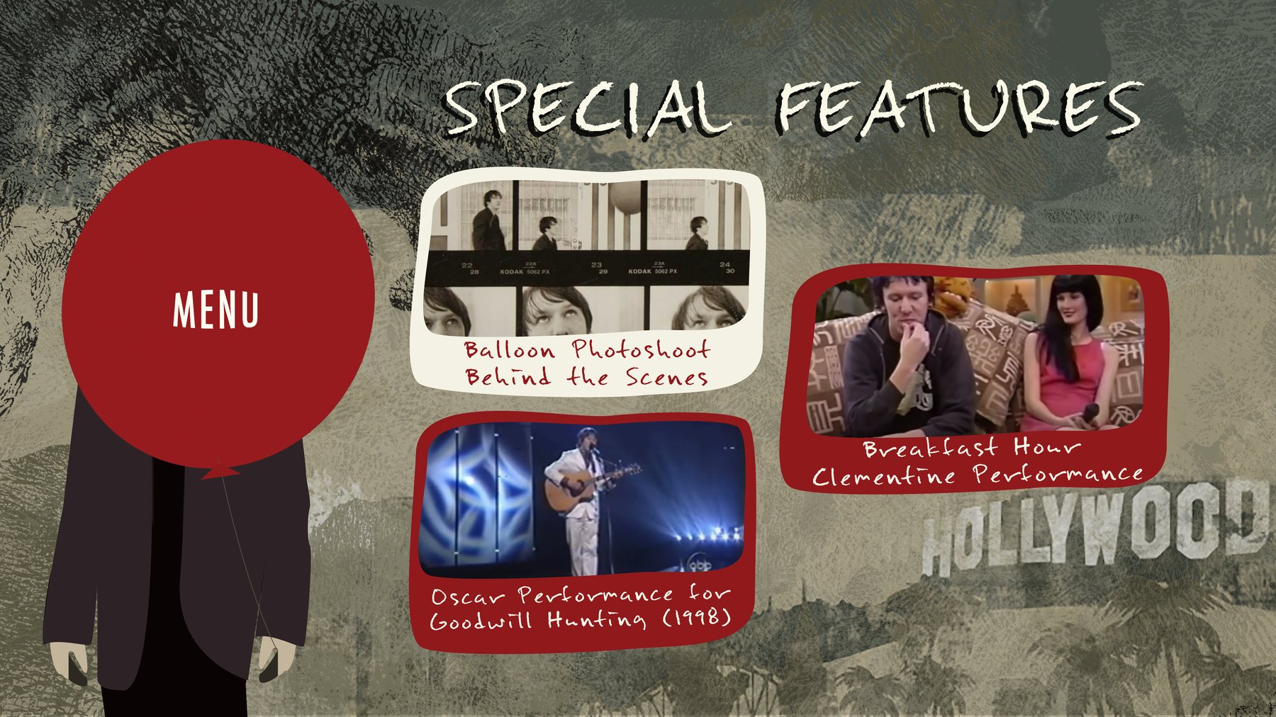 A special features screen with two large film stills labelled for a balloon photoshoot behind the scenes and an Oscar performance, a red MENU button at the left and a collaged figure.