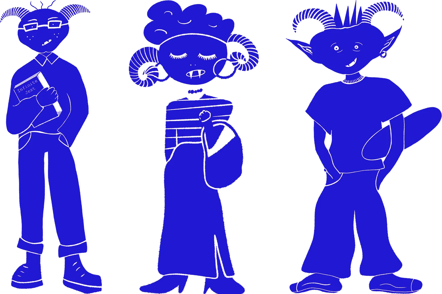 Three cobalt blue characters in a row: a reader with glasses and a book, a traveller with curled horns and a bag, and a figure with pointed ears and a sly grin.