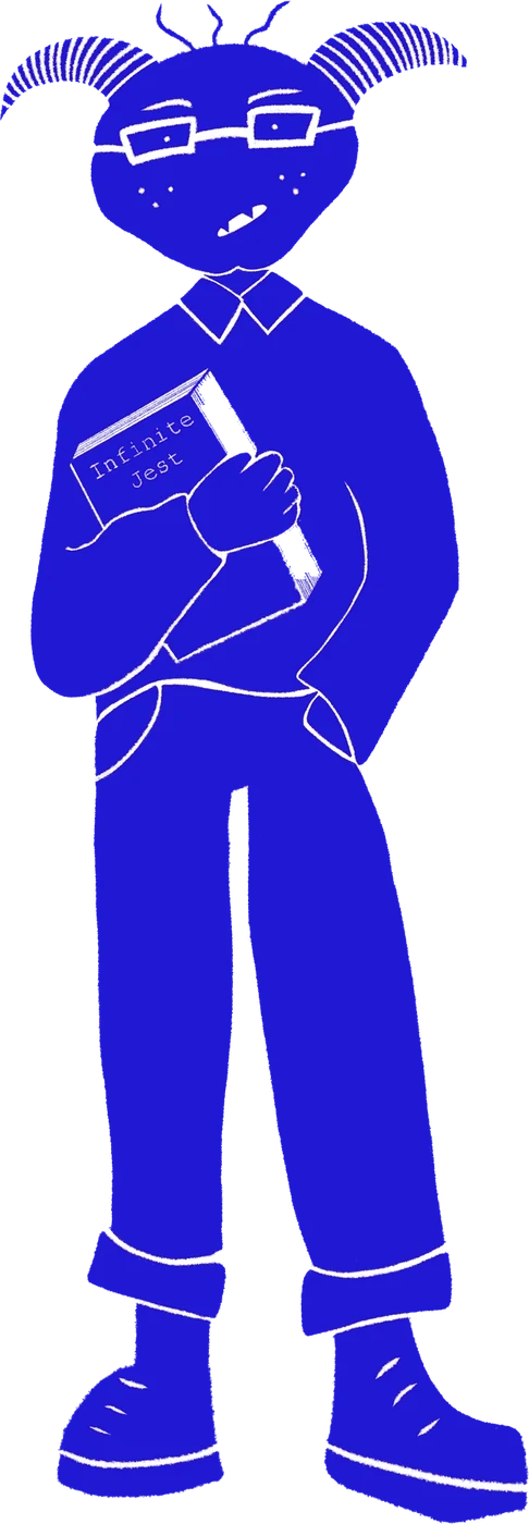 A cobalt blue character with small curled horns, round glasses and freckles, holding a book against his chest, hand in pocket, in rolled jeans and boots.
