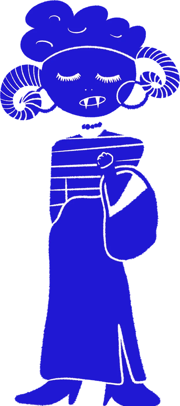 A cobalt blue character with voluminous curly hair and curled ram horns, eyes closed, in a striped top and long skirt, carrying a shoulder bag.