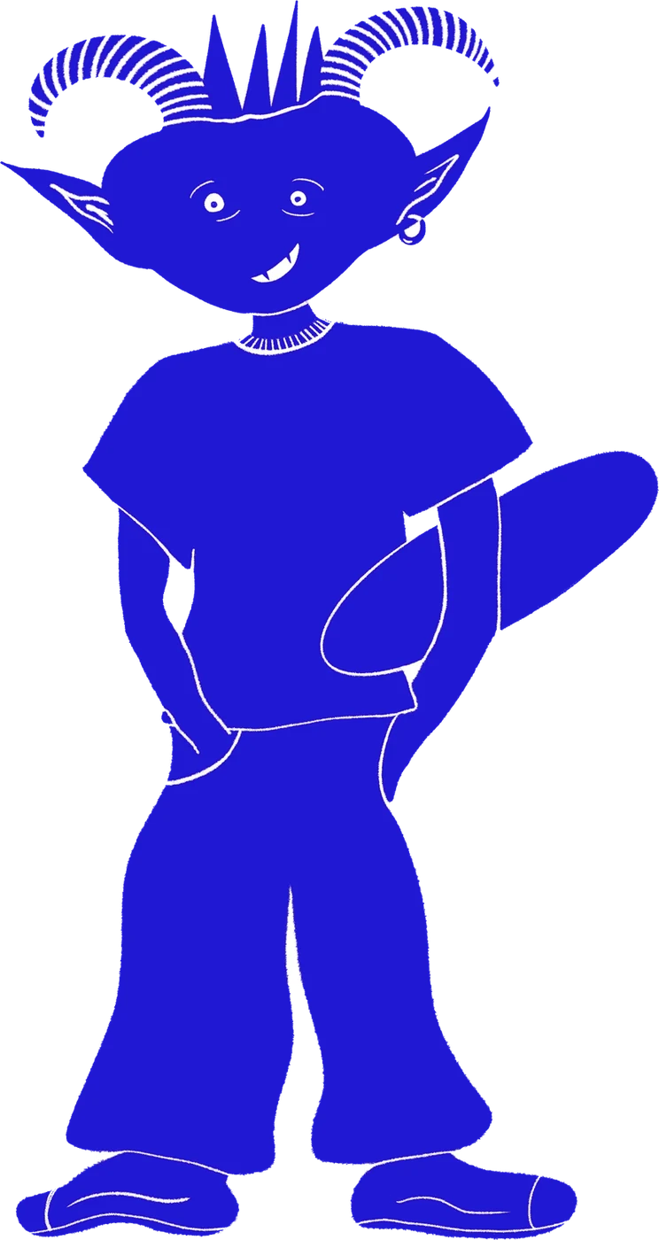 A cobalt blue character with pointed ears, spiked hair and curled horns, a sly grin, hands in pockets, with a long tail curving behind.