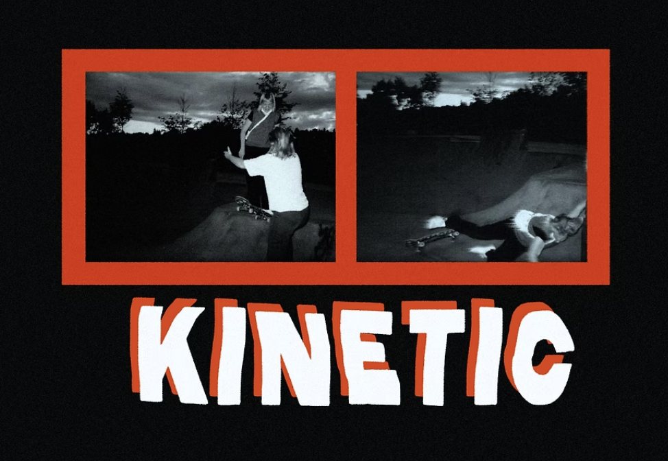 A Kinetic sticker: two black and white night photographs of skaters in a bowl, framed in red, with KINETIC below in rough brush lettering.