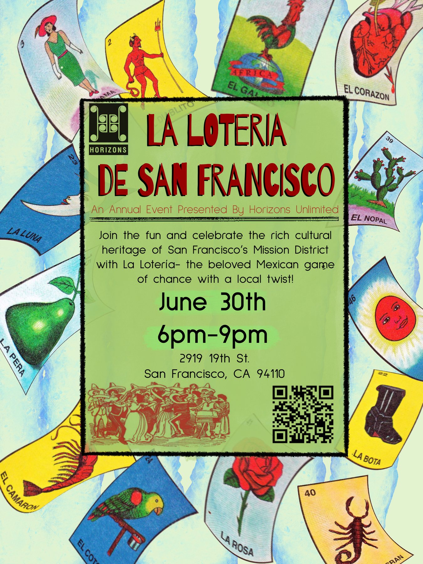 A flyer built from hand-drawn lotería cards around a central details panel.