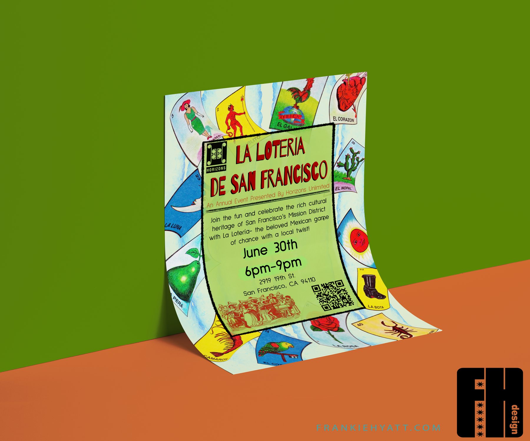 The Lotería flyer shown as a printed sheet curling against a green and orange background.