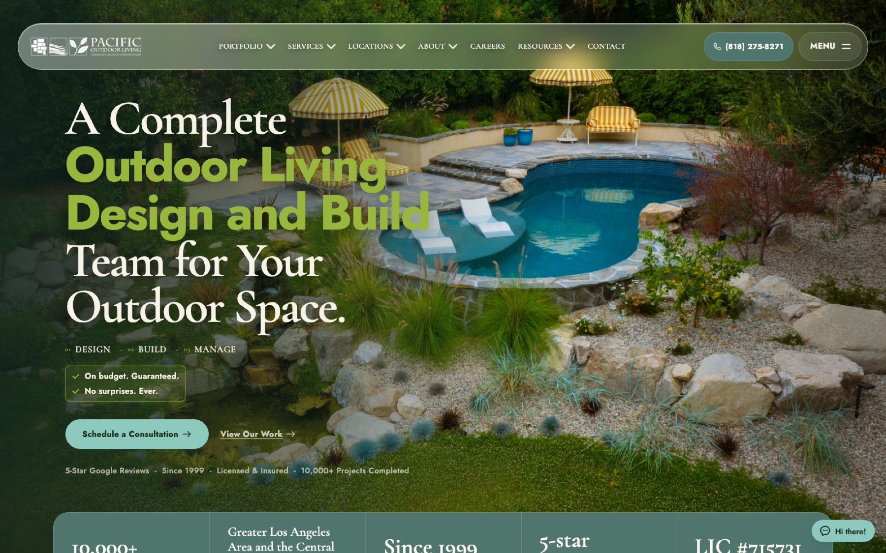 Pacific Outdoor Living homepage hero over a custom backyard pool photo.