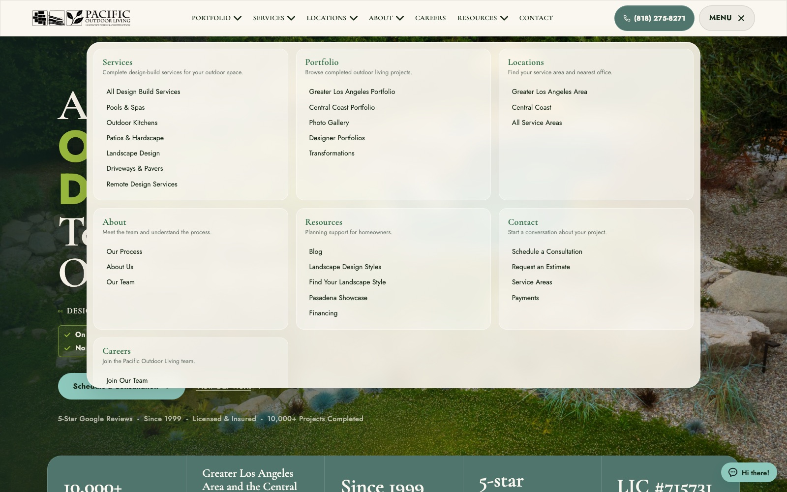 Pacific Outdoor Living's full site menu opened, showing six labeled groups: Services, Portfolio, Locations, About, Resources, and Contact, each with a one line description and its own set of links.
