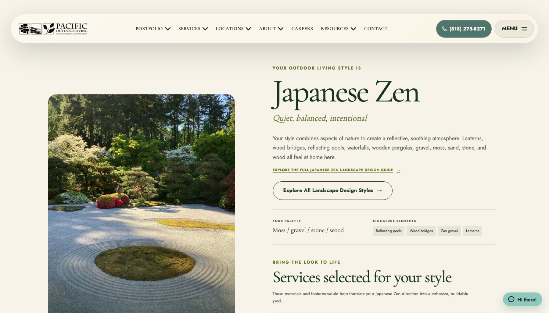 A personalized quiz result reading 'Japanese Zen, quiet, balanced, intentional,' with its own hero photograph, color palette, and signature elements.