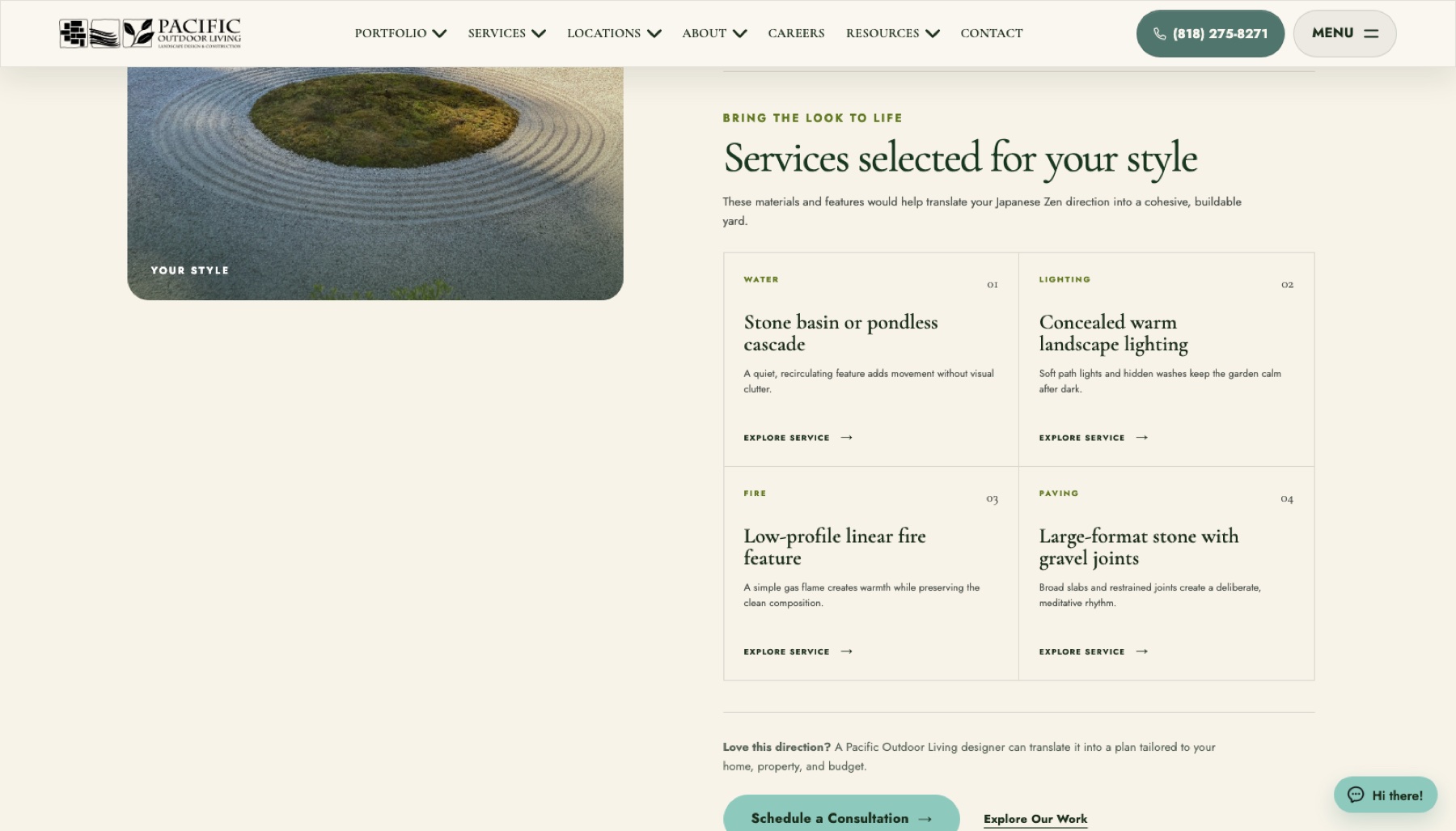 The quiz result page mapping four real Pacific Outdoor Living services, water, lighting, fire, and paving, to the visitor's Japanese Zen result.