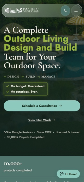 The Pacific Outdoor Living homepage on a phone, with the headline over a backyard pool photo and a call button pinned in the header.