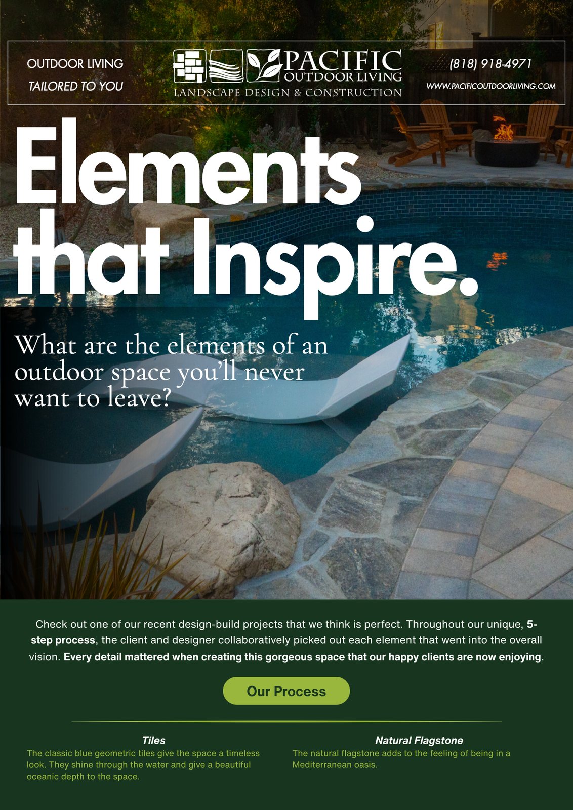 The first page of the Elements that Inspire email: a dark green layout with the headline over a pool photograph, asking what the elements of an outdoor space you'll never want to leave are, above notes on tiles and natural flagstone.