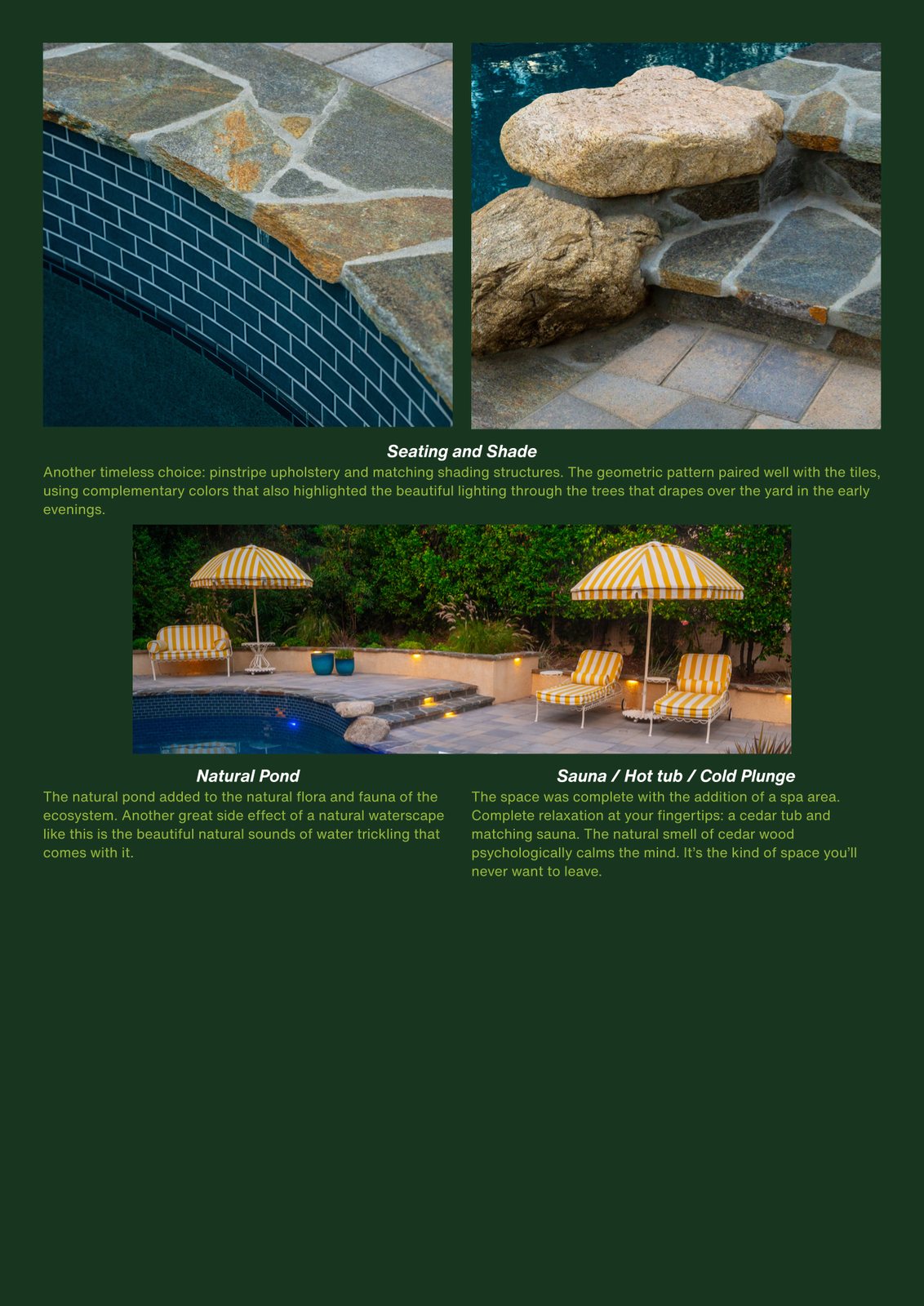A page of the email showing seating and shade, a natural pond, and a sauna, hot tub and cold plunge, each with a short paragraph on the design decision behind it.