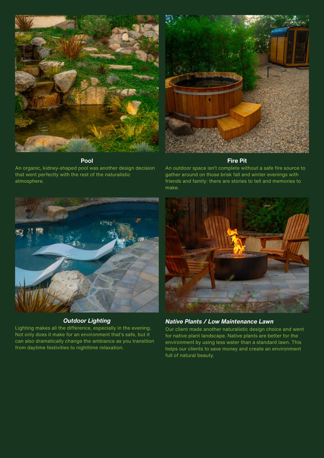 A page of the email covering the pool, fire pit, outdoor lighting and native low maintenance planting, in a two by two grid of photographs with captions.