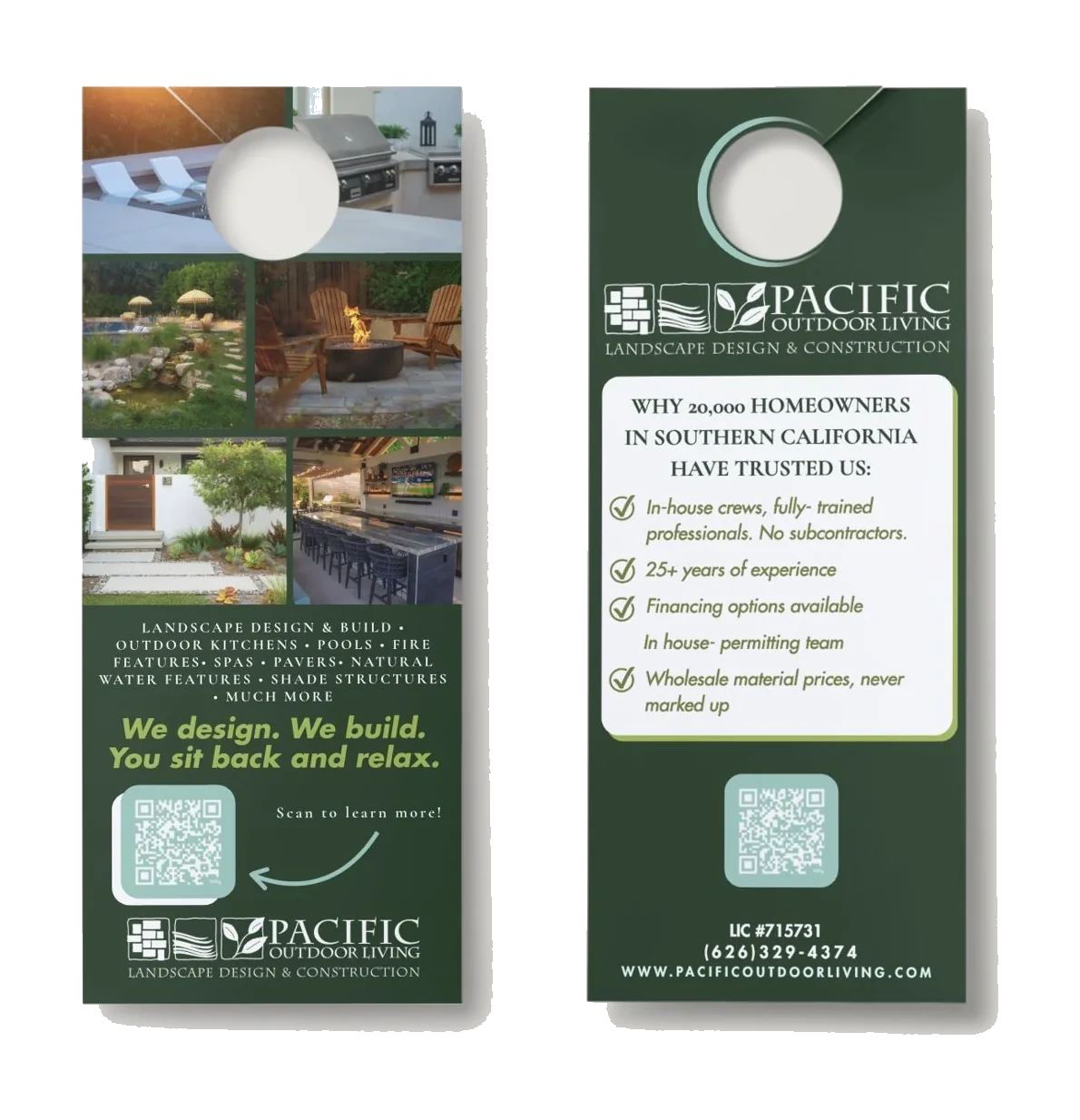 Both sides of a Pacific Outdoor Living door hanger: a photo grid with the line 'We design. We build. You sit back and relax.' and a QR code on the front, and five reasons homeowners trust the company on the back.