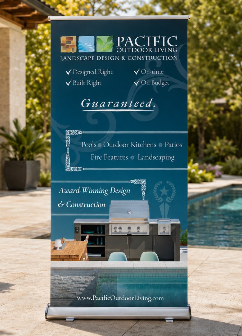A Pacific Outdoor Living pull-up banner standing on a pool deck: the logo above Designed Right, Built Right, On-time and On Budget, the word Guaranteed, a list of services, and a photograph of a built-in outdoor kitchen.