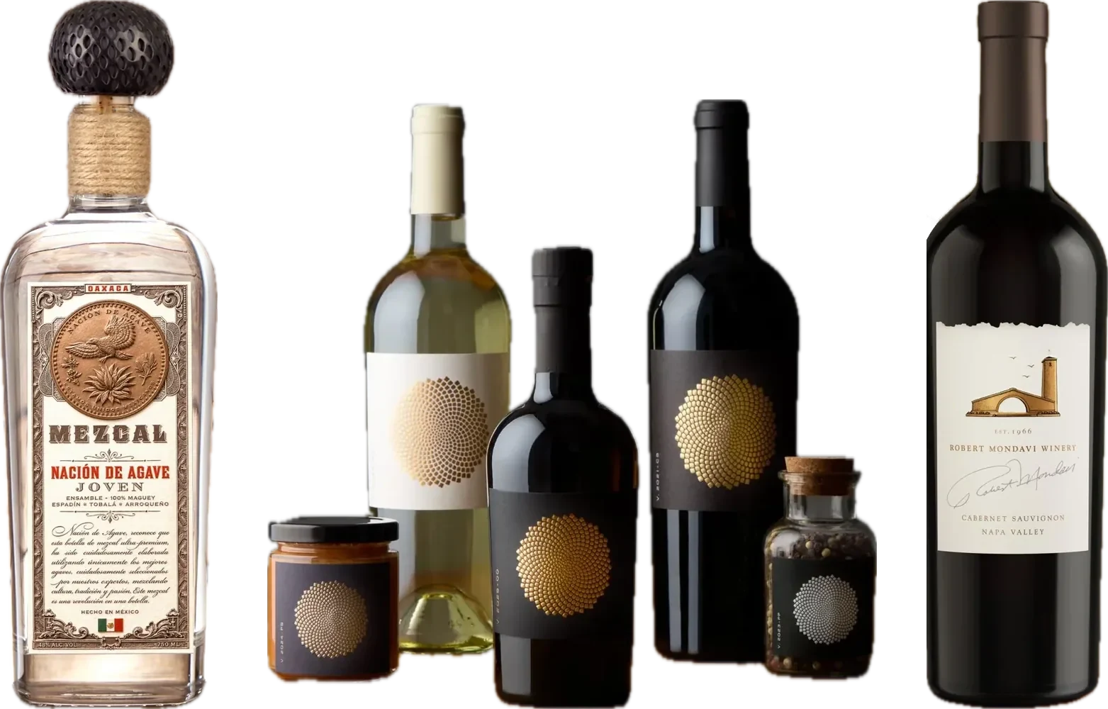 Three bottles standing in a row: Nación de Agave mezcal, the Helena Viñedo private label range, and Robert Mondavi Winery Cabernet Sauvignon.