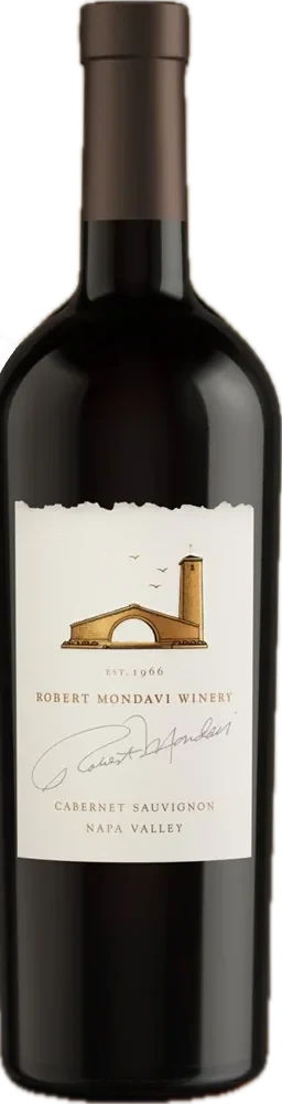 Robert Mondavi Winery Cabernet Sauvignon: a dark bottle with a cream label showing the winery's arch and tower and a signature.