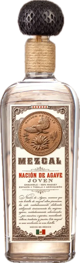Nación de Agave mezcal: a clear bottle with a woven cork stopper and an ornate engraved label around a copper medallion.
