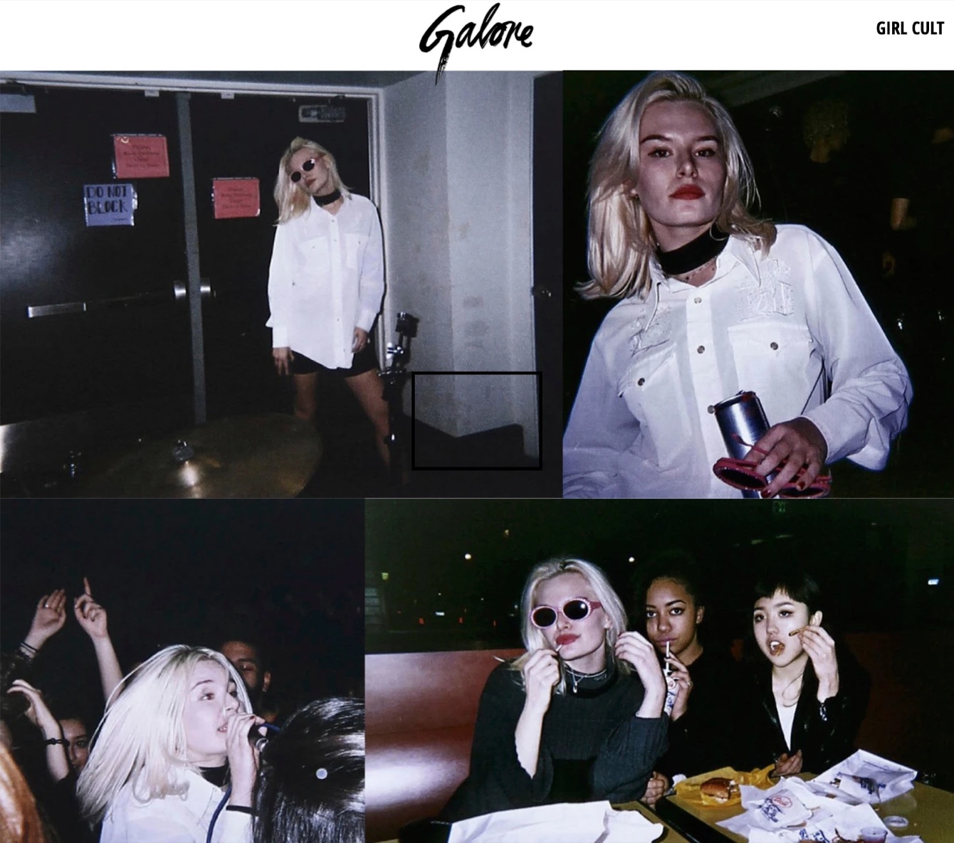 A Galore Magazine page of four flash photographs of a platinum-haired singer in a white shirt, backstage, on stage and at a diner booth.