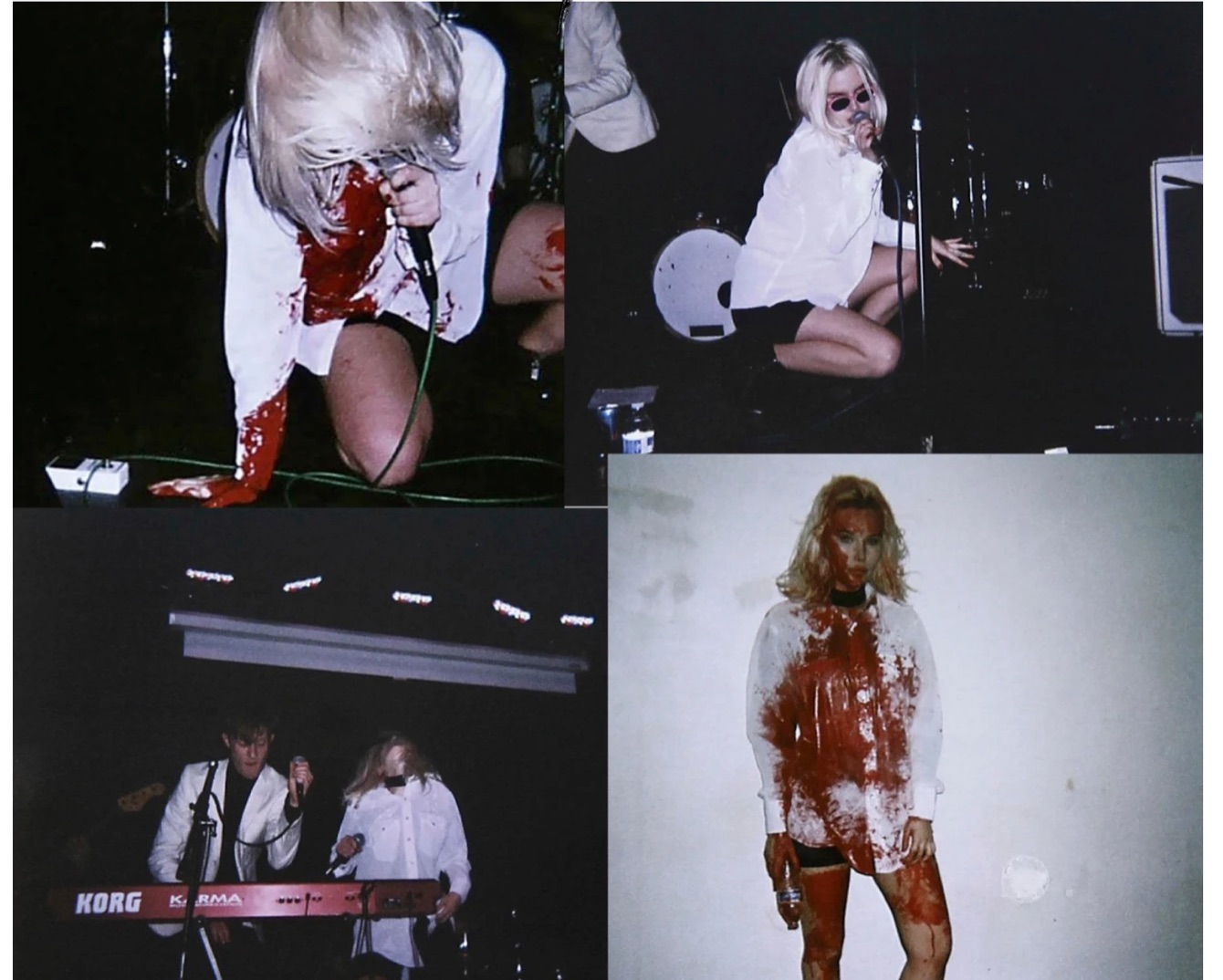 Four flash photographs of the same singer performing, her white shirt and legs covered in stage blood.