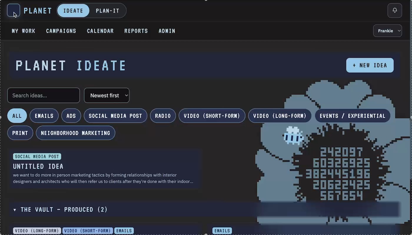 The Planet Ideate board, with a pixel bee hovering over the pale blue flower beside the channel filter chips.