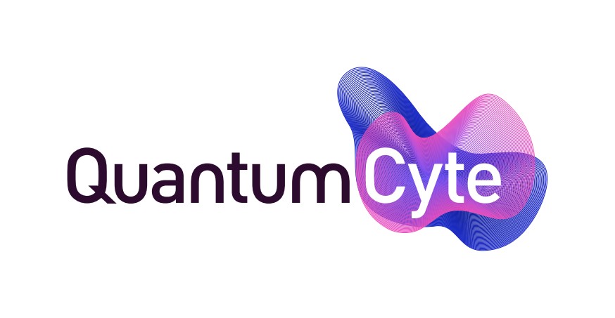 The QuantumCyte logo: Quantum in deep purple beside Cyte in white over a blue and pink linework cell mark.